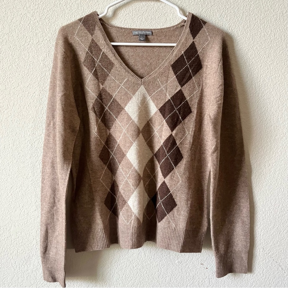 Apt. 9 Brown Argyle Preppy Academia 90s 100% Cashmere V Neck Sweater L